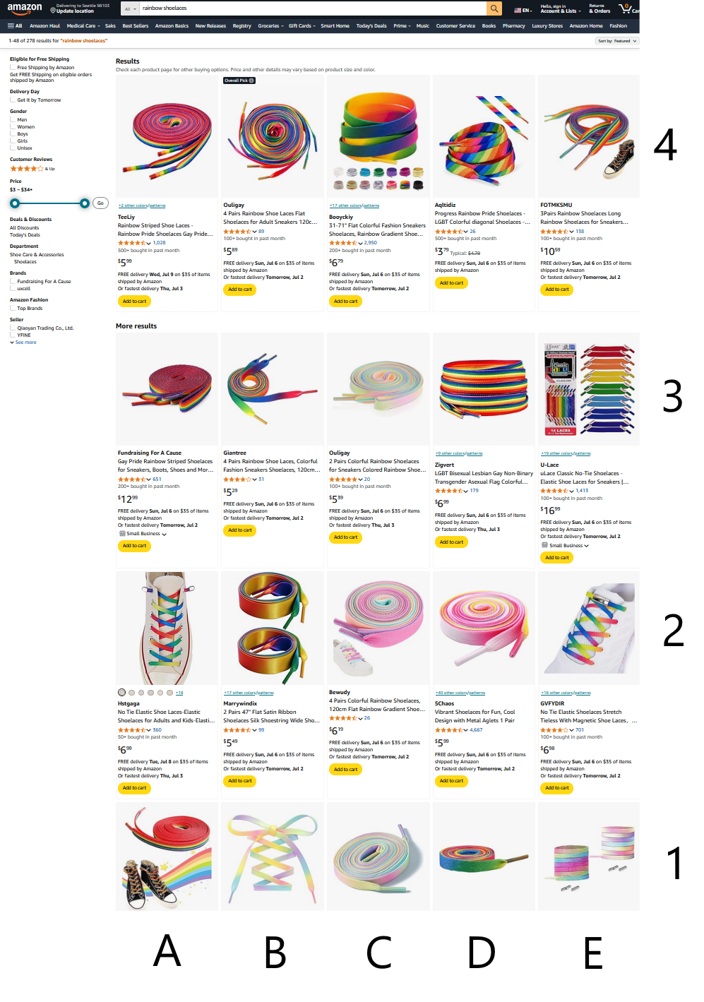 Amazon.com results page for 'rainbow shoelaces' with 20 results