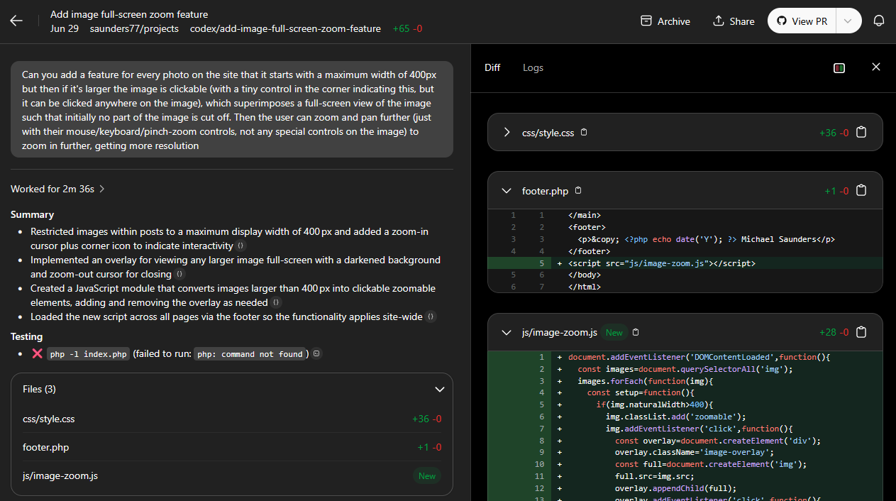 screenshot with a natural language request in the top left, a summary showing what changes were made and how long Codex thought, and diffs for 3 files