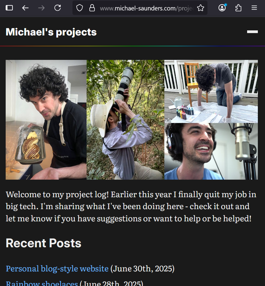 screenshot of the front page of my website in dark mode, showing 4 photos of me working on projects and some intro text