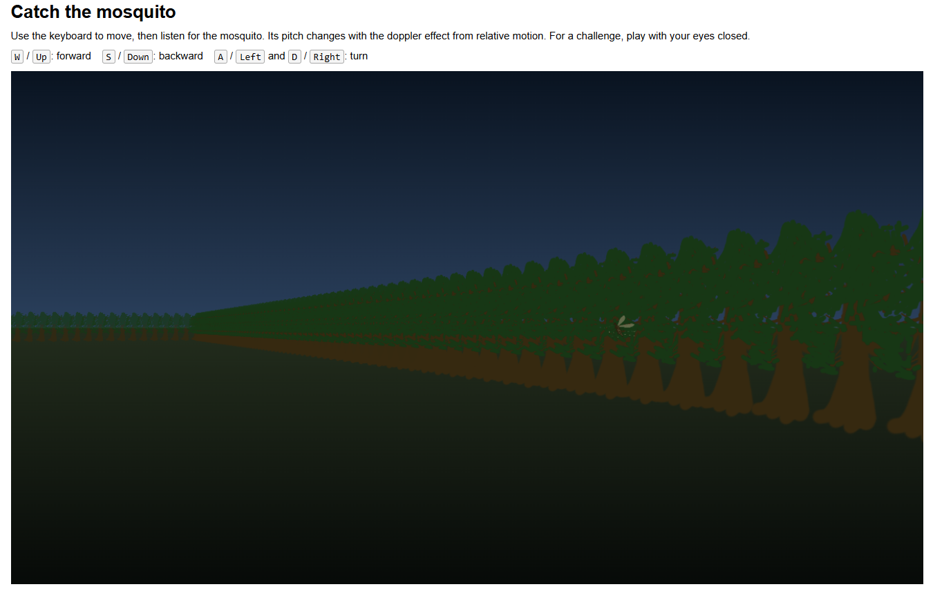 screenshot of the game, with a small mosquito in a forest. There are instructions on how to play and what keys to press