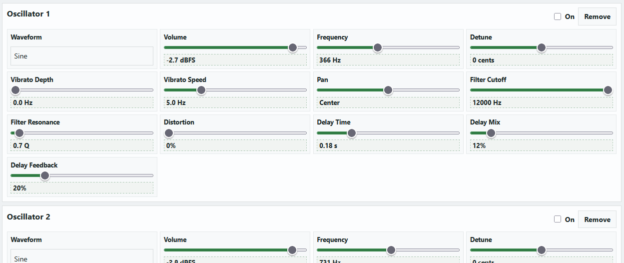 a screenshot of a web tool showing many settings for each oscillator, such as sliders for frequency, volume, and panning